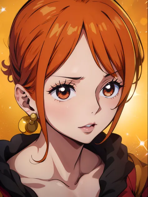 Naami From One-piece , short orange hair ,  red lips , gold hearing on her hearing, hyper realistic Detailed high quality image ...