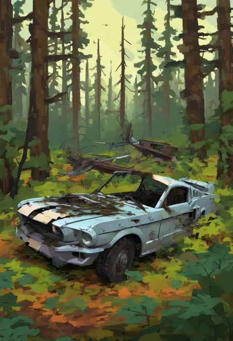 a severely damaged vintage silver P51 Mustang wreckage in a New Hampshire dense lush pine forest, P51 is badly damaged derelict wreckage that crashed in the pine forest, it is covered with overgrown vegetation, landing gear is destroyed, wheels smashed, ee...