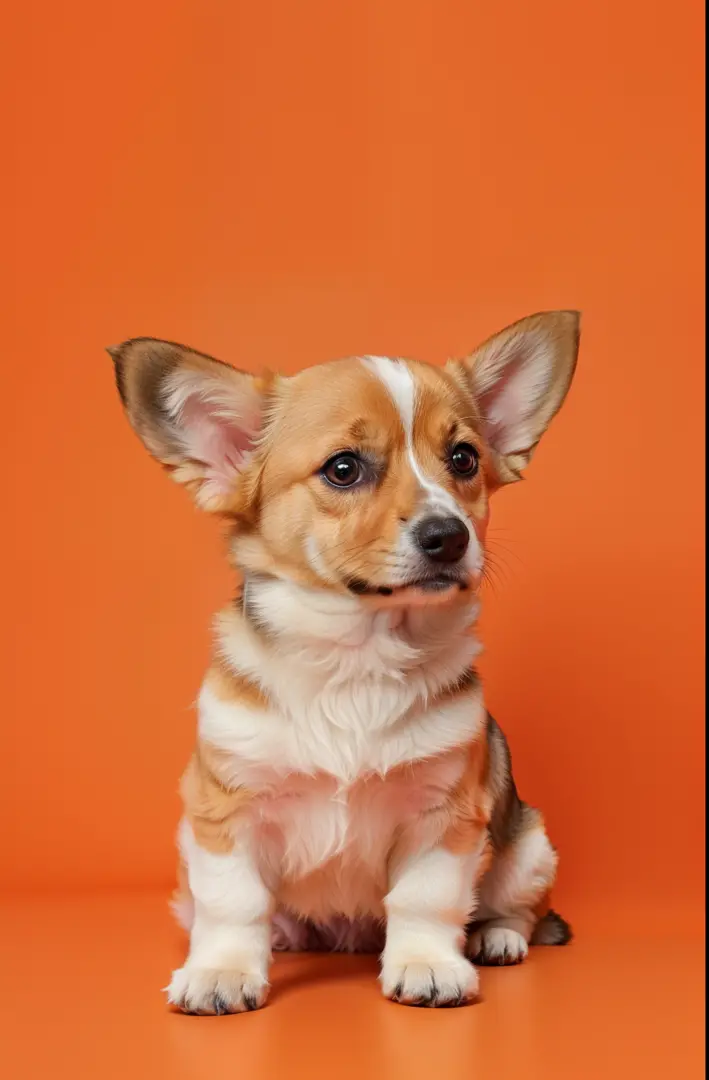 A small dog sits on an orange surface, Cute Corgi, Cute ears, dog ears, large ears, cute dog, High quality wallpapers, small ears, close up portrait shot, puppy, Shavka, corgi, fluffy ears, portrait shot, Cute animal, with pointed ears, pointed ears, large...