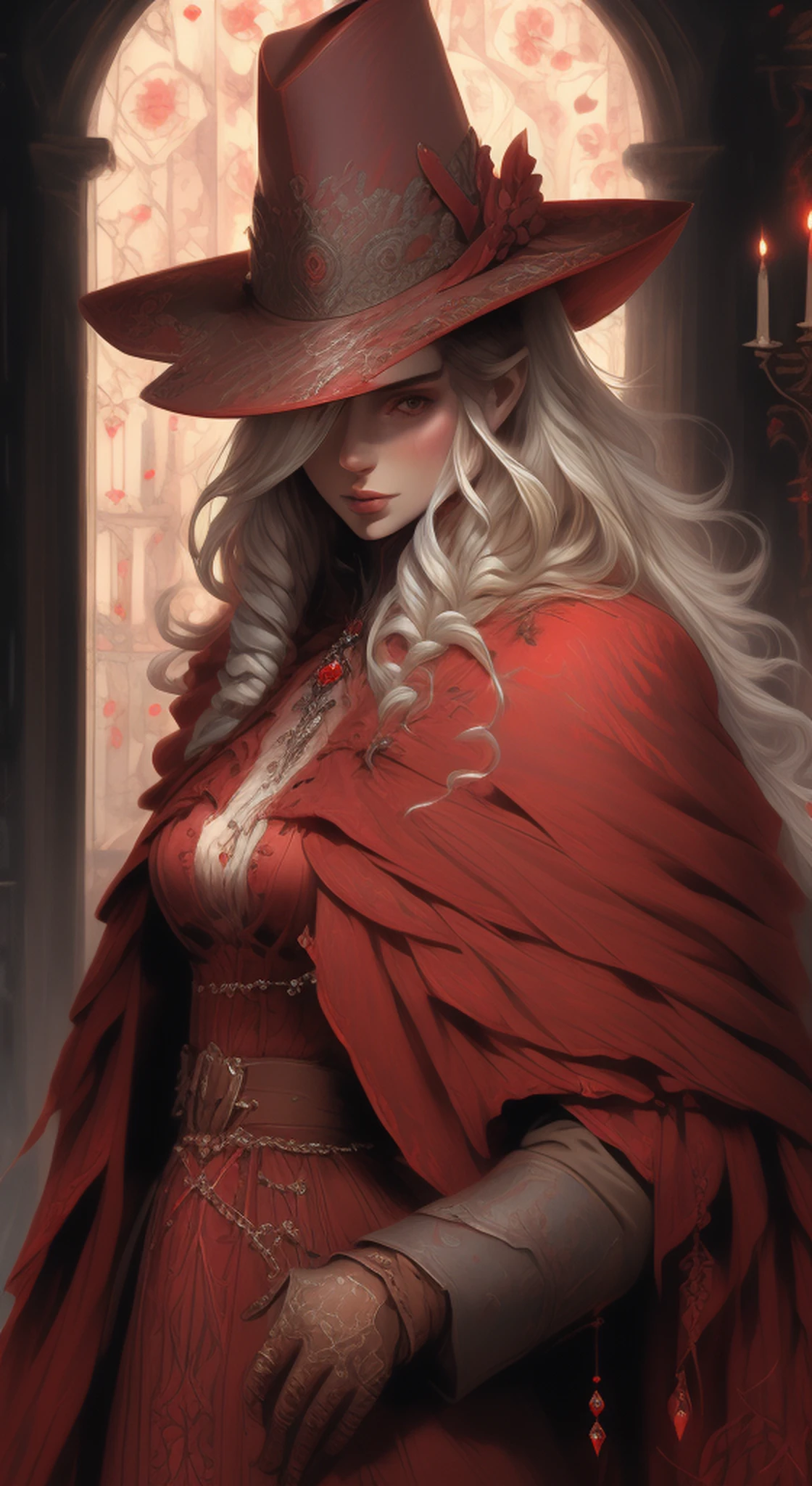 صورة ديناميكية لملكة سلافية جميلة ترتدي بدلة وقبعة, مغطاة بمجوهرات كريستالية زهرية حمراء,نظرة جريئة ومهيبة , مفصلة للغاية