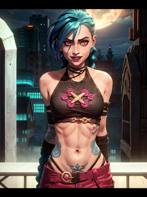arcane style, 1girl, arm tattoo, asymmetrical bangs, bangs, blue hair, braid, brown shirt, cloud tattoo, looking at viewer, laughing, crazy, uncontrollable laugh, mad look, night, city, green hair, long hair, midriff, pink eyes, red lips, shirt, solo, stan...