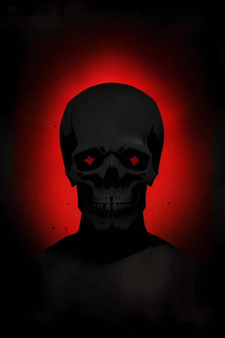 Picture in the style of Dark, Dark background, Napkin, Digital Art, The black skull of a man looks ominously into the frame, Track cover, black, rot