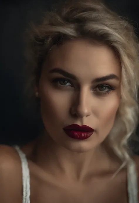 Extreme close-up of the model's face,Smoky eye makeup,Red lipstick,Wet ...