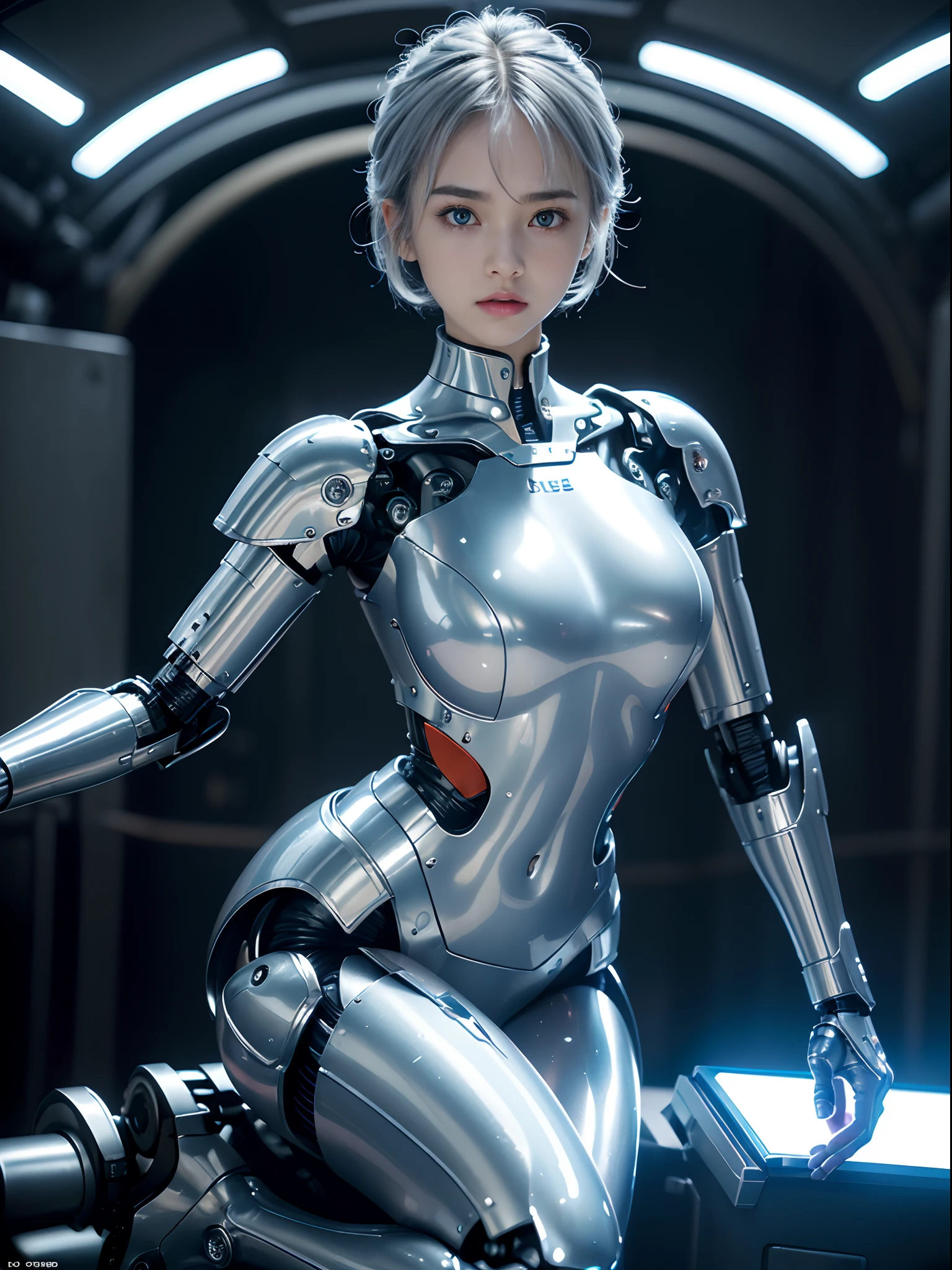 the best ever、8K,(((full body Esbian)))、(((The sheen)))、(((metalic)))、(((Very shiny、Very hard armor)))、(((cyberpunked)))、The cute beauty of the mecha(Best Quality, Detailed details, masutepiece, , 8K, Chiaroscuro，Colossal 、Bust photos are ultra-realistic and realistic, Highly detailed Nikon videography )、((Beautiful and shining natural eyes))、Beautiful navel、Human skin type、（(Highly photorealistic human beings))、(Perfectly round pupils)、The details of the iris of the pupil are very amazing、(((Shining eyes)))、accurate fingers、Limbs without breakdowns、(((Caucasian 14 year old girl)))、((Very fair skin,,,,,,,,,,,,,,))、(((The specifics of the skin of a white girl)))、Naturally closed mouth、Natural areola、natural 、Staring eyes、Natural body、a baby face、Feminine face、Feminine body、(with round face)、a small face、soft cheeks、Looking at the camera、full body Esbian、、Beautiful and shining natural eyes、Human skin type、（(Highly photorealistic human beings))、(Perfectly round pupils)、The details of the iris of the pupil are very amazing、Limbs without breakdowns、Naturally closed mouth、Natural areola、natural 、Staring eyes、Natural body、Slightly baby-faced、Feminine face、Feminine body、with round face、a small face、soft cheeks、Looking at the camera、full body Esbian、Balanced face、drooing eyes、(((Not a crushing eye)))、Body with human-like proportions、(((Slightly longer arms)))、(rather long torso)、(((slightly larger hands)))、human face、(((Glowing blue light blue silver hair)))、(((Cool and cute short-cut hair)))、(((The background is the future)))、(((8 Head Body)))、(((Luminescent light purple eyes)))、(((Thin thin silver eyebrows)))、(((Thin eyebrows)))、Looking here、(Gentle double eyelids)、(((Gentle face)))、(((Background Mecha)))、bladerunner、(((RoboCop)))、Ghost in the Shell、tron、Space Detective Gavan、Swat、police officers、(((Night background)))、(((No makeup)))、(((Hollywood Science Fiction Movie Lighting))、(((New York in 5000 AD)))、((teal and orange))、Height 1cm、Leg length 80cm、the length of t