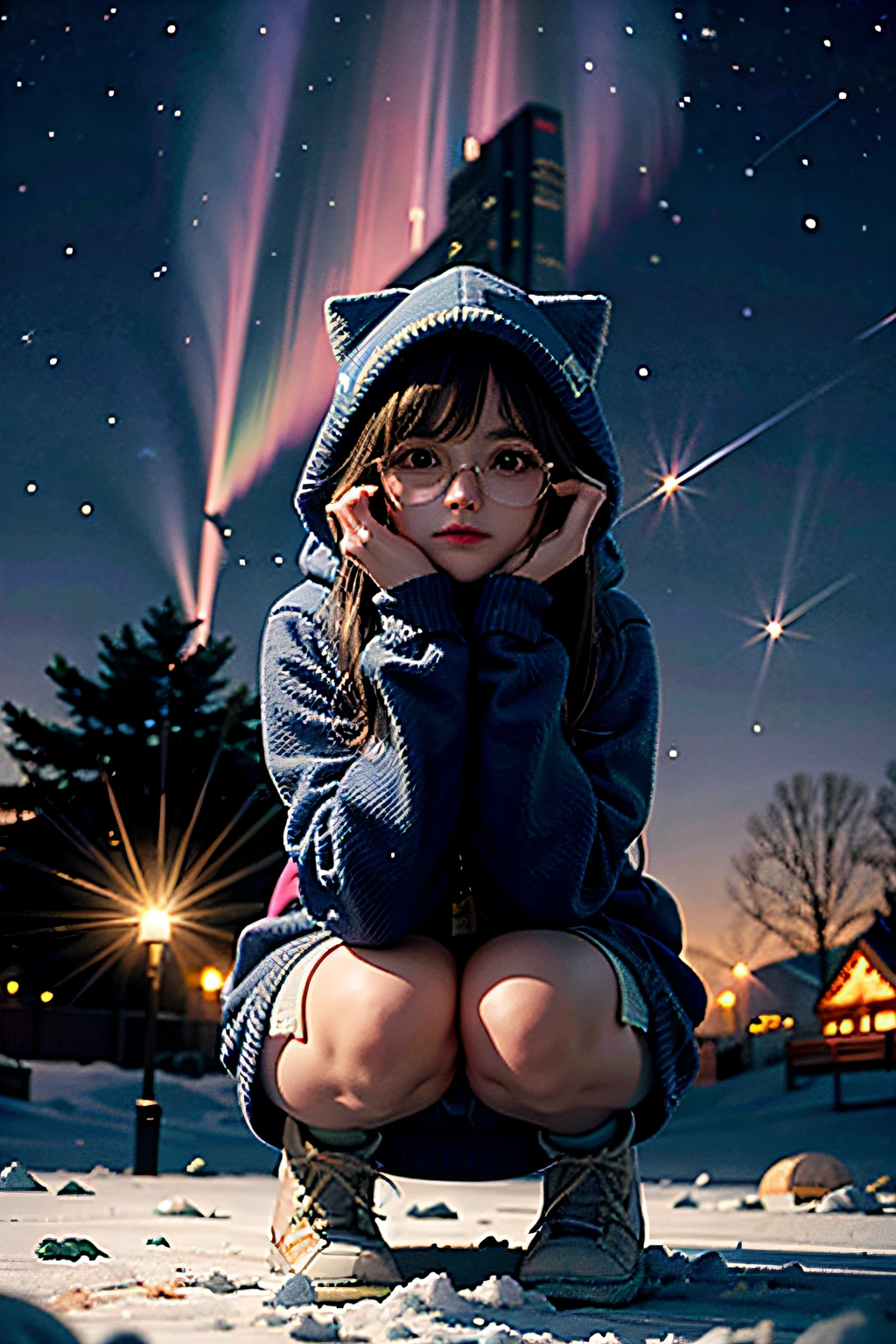 (masterpiece), (best quality:1.2), absurdres, [:intricate details:0.2], 1girl, front view, aurora, black hair, camera, campfire, city lights, constellation, crescent moon, earth_\(planet\), galaxy, hood, hood down, hooded jacket, lamppost, light particles, long hair, long sleeves, milky way, night, night sky, outdoors, planet, power lines, shooting star, sitting, sky, skyscraper, snow, snowing, solo, squatting, star_\(sky\), starry sky, starry sky print, telescope, tree, twilight, winter, cat