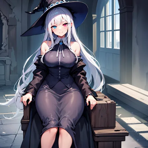 1 girl, solo, witch, whole picture, ultra detailed witch robe, white and blue tight robe, grey hair, long dripping hair, heterochromia, long skirt, witch hat, gentle smile, small boob window, huge breasts, sitting, wooden chair, inner room of an old ruined...
