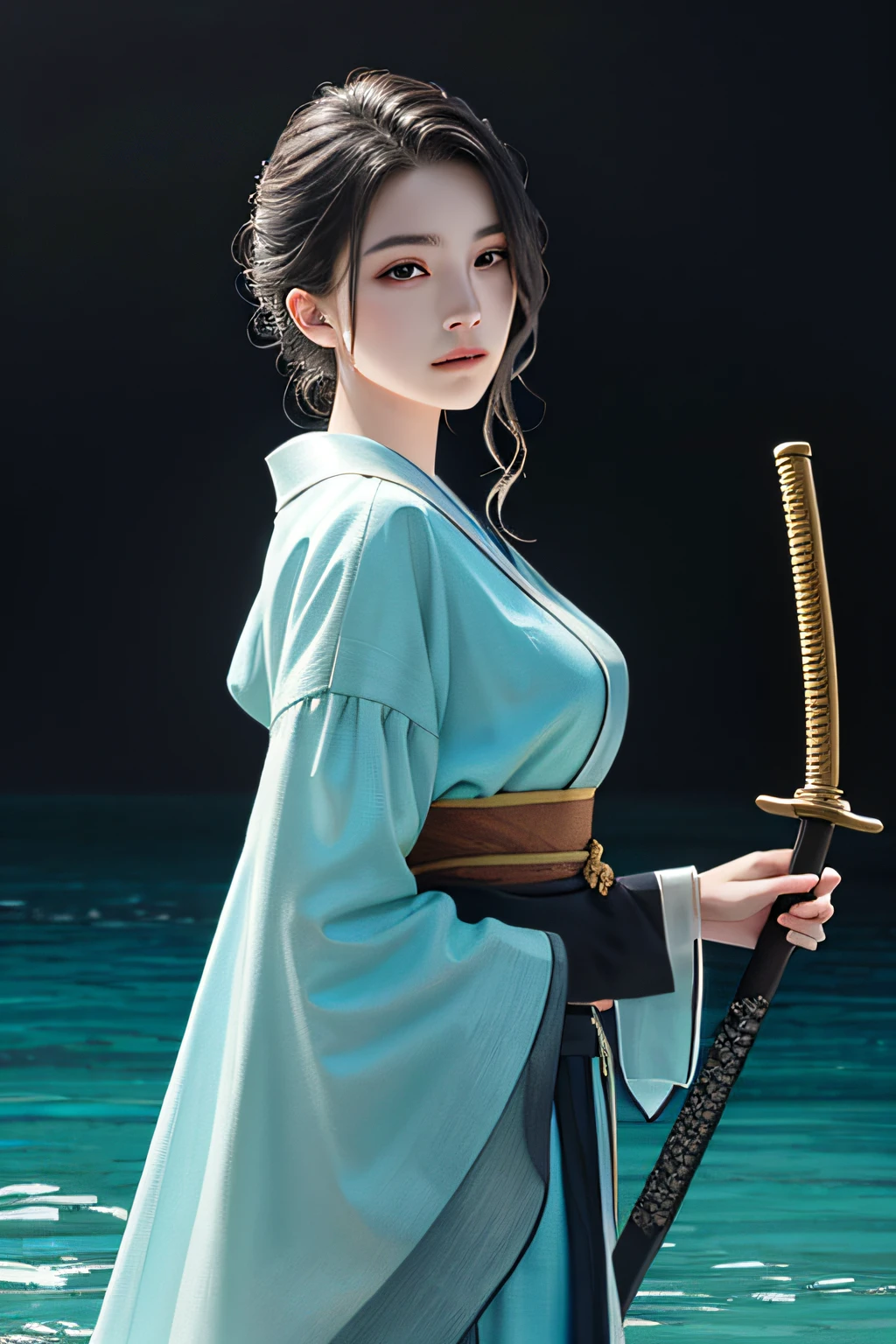 masterpiece, realistic, realism, photorealism, high contrast, photorealistic digital art trending on Artstation 8k HD high definition detailed realistic, 1girl,((water,water ring)), weapon, sword, solo, katana, holding, water, grey eyes, holding weapon, japanese clothes, holding sword, white hair, long hair, kimono, black hair, wide sleeves, long sleeves, lips, cowboy shot, black background, back, parted lips,art by artgerm and ruan jia and greg rutkowski surreal painting,detailed, skin texture, hyper-detailed, realistic skin texture,