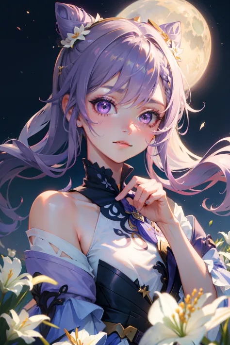 1 girl solo, lavender pink hair, pointy hairbuns, purple eyes, lavender purple white dress, purple collar, purple gloves, dark stockings, flower ornament, dynamic pose, standing on a mountain surrounded by white lily flowers, night sky, moon, ((white lilie...