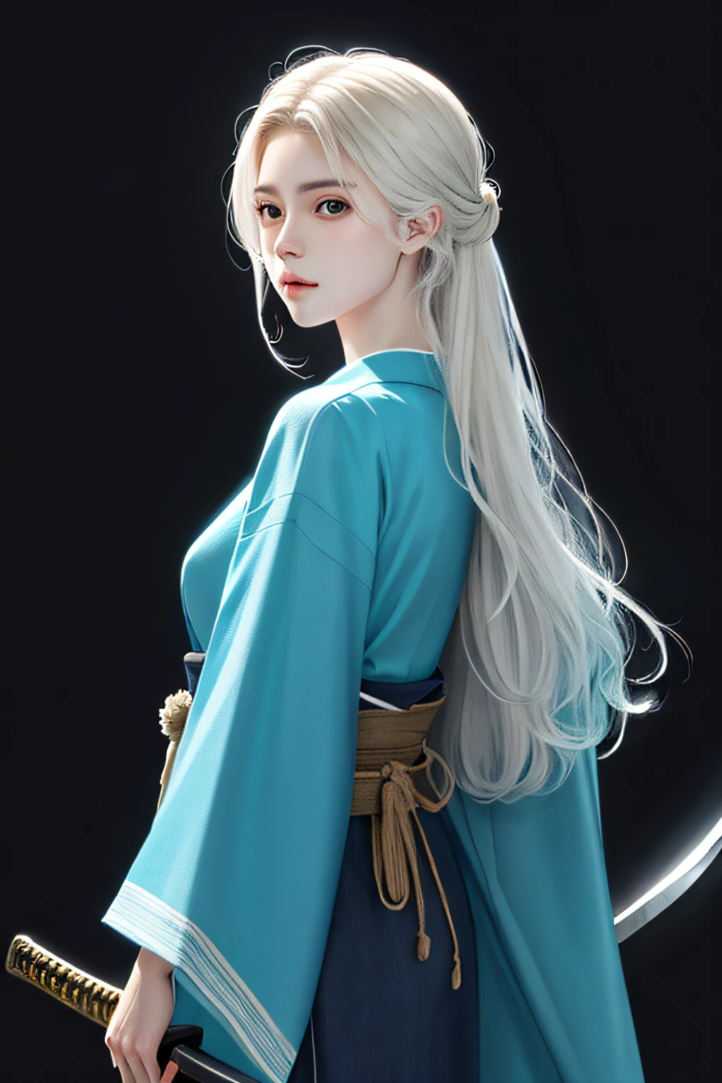 masterpiece, realistic, realism, photorealism, high contrast, photorealistic digital art trending on Artstation 8k HD high definition detailed realistic, 1girl,((water,water ring)), weapon, sword, solo, katana, holding, water, grey eyes, holding weapon, japanese clothes, holding sword, white hair, long hair, kimono, black hair, wide sleeves, long sleeves, lips, cowboy shot, black background, back, parted lips,art by artgerm and ruan jia and greg rutkowski surreal painting,detailed, skin texture, hyper-detailed, realistic skin texture,