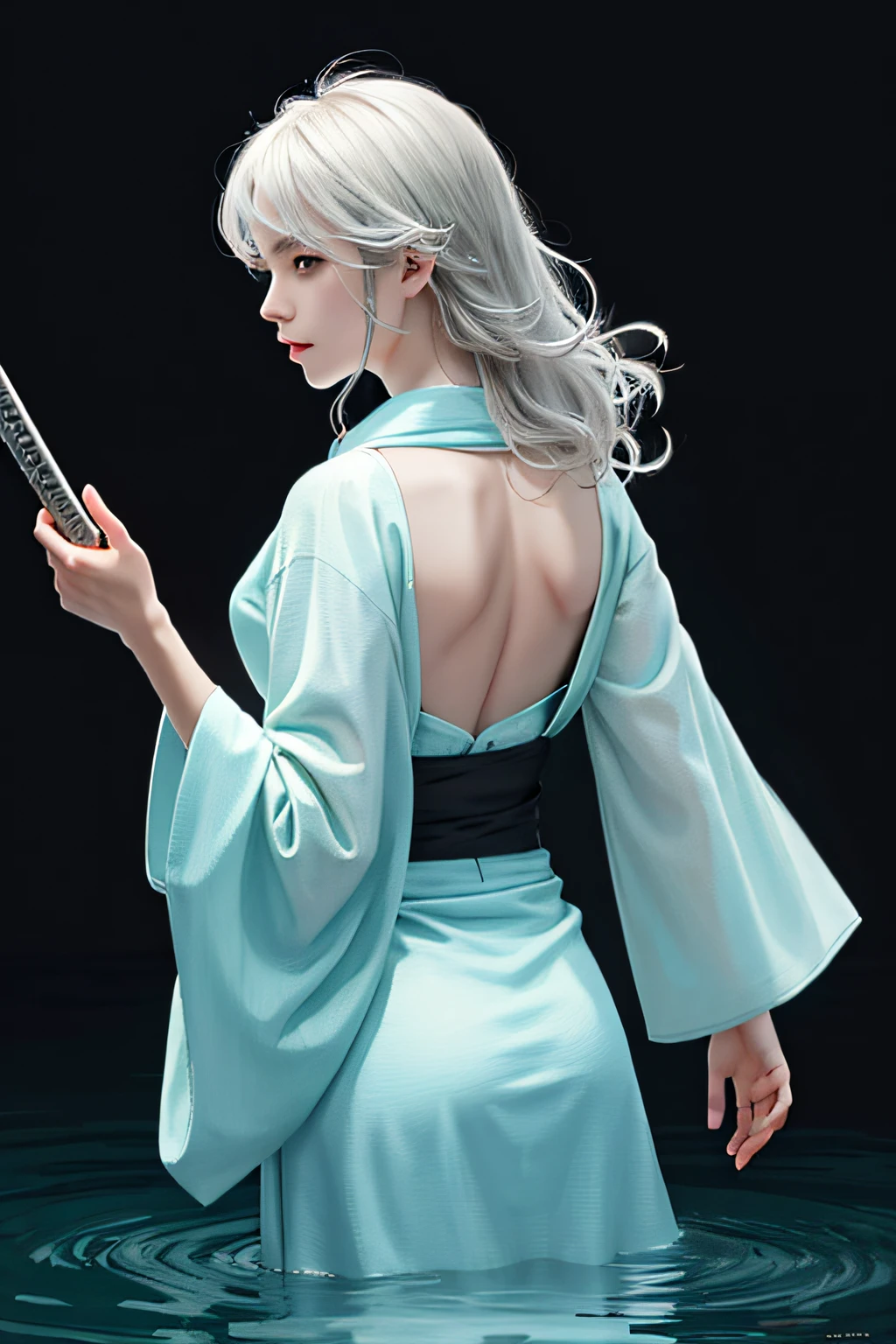 masterpiece, realistic, realism, photorealism, high contrast, photorealistic digital art trending on Artstation 8k HD high definition detailed realistic, 1girl,((water,water ring)), weapon, sword, solo, katana, holding, water, grey eyes, holding weapon, japanese clothes, holding sword, white hair, long hair, kimono, black hair, wide sleeves, long sleeves, lips, cowboy shot, black background, back, parted lips,art by artgerm and ruan jia and greg rutkowski surreal painting,detailed, skin texture, hyper-detailed, realistic skin texture,