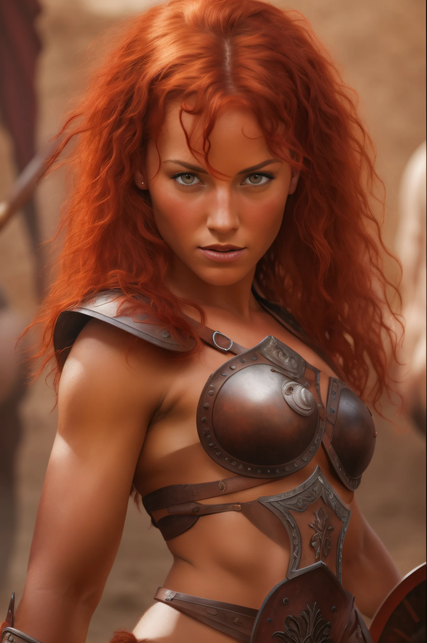 A close up of a woman with red hair and armor - SeaArt AI