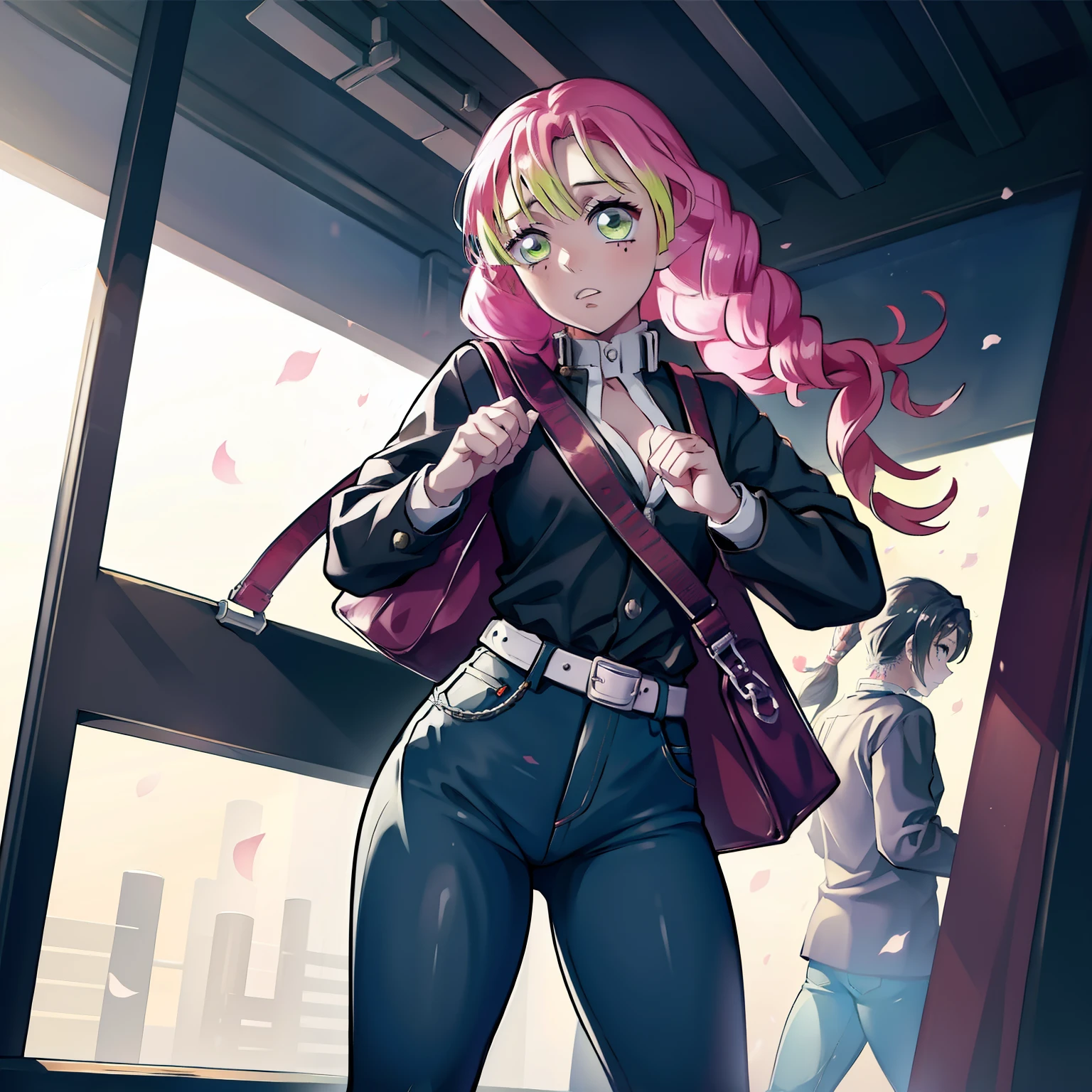 1 Girl, Mitsuri Kanroji ( Kimetsu no Yaiba) , tight Jeans, Black and tight Black Shirt, Holding Bag , inside a Train, Standing,