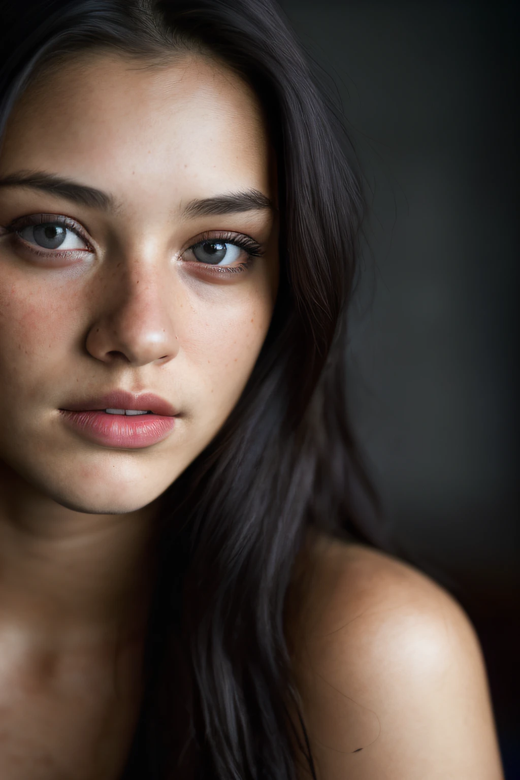 (close-up, editorial photograph of a 21 year old woman), (highly detailed face:1.4) (smile:0.7) (background inside dark, moody, private study:1.1) POV, by lee jeffries, nikon d850, film stock photograph ,4 kodak portra 400 ,camera f1.6 lens ,rich colors ,hyper realistic ,lifelike texture, dramatic lighting , cinestill 800,
