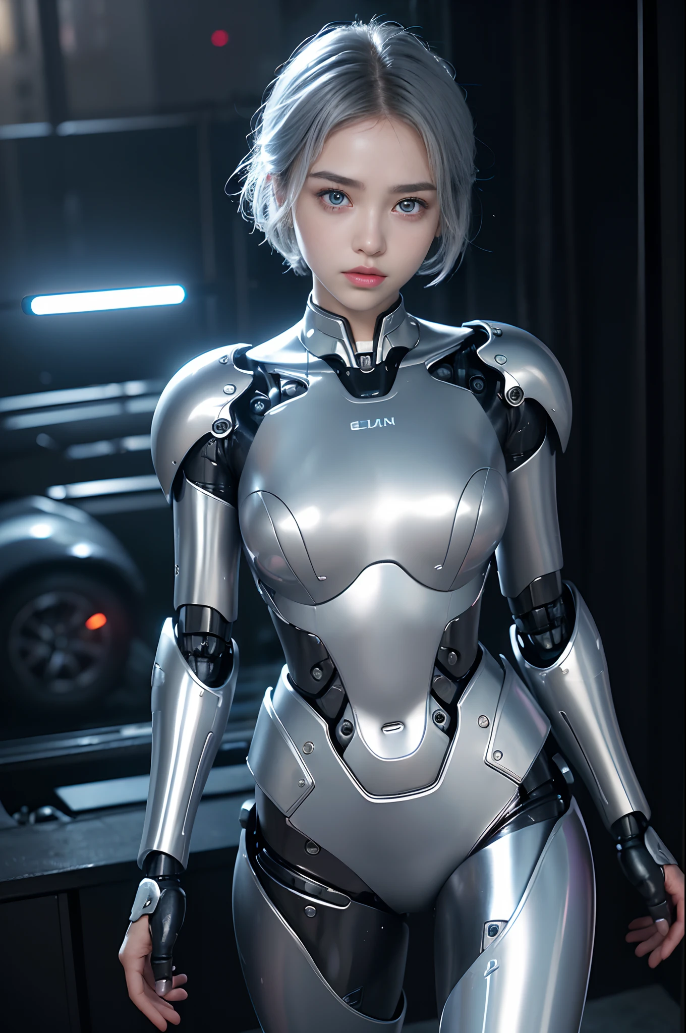 the best ever、8K,(((full body Esbian)))、(((The sheen)))、(((metalic)))、(((Very glossy mirror surface、Very hard armor)))、(((cyberpunked)))、The cute beauty of the mecha(Best Quality, Detailed details, masutepiece, , 8K, Chiaroscuro，Very shapely huge、Bust photos are ultra-realistic and realistic, Highly detailed Nikon videography )、((Beautiful and shining natural eyes))、Beautiful navel、Human skin type、（(Highly photorealistic human beings))、(Perfectly round pupils)、The details of the iris of the pupil are very amazing、(((Shining eyes)))、accurate fingers、Limbs without breakdowns、(((Caucasian 14 year old girl)))、((Very fair skin,,,,,,,,,,,,,,))、(((Details of the skin of one Caucasian girl)))、Naturally closed mouth、Natural areola、natural 、Staring eyes、Natural body、a baby face、Feminine face、Feminine body、(with round face)、a small face、soft cheeks、Looking at the camera、full body Esbian、、Beautiful and shining natural eyes、Human skin type、（(Highly photorealistic human beings))、(Perfectly round pupils)、The details of the iris of the pupil are very amazing、Limbs without breakdowns、Naturally closed mouth、Natural areola、natural 、Staring eyes、Natural body、Slightly baby-faced、Feminine face、Feminine body、with round face、a small face、soft cheeks、Looking at the camera、full body Esbian、Balanced face、drooing eyes、(((Not a crushing eye)))、Body with human-like proportions、(((Slightly longer arms)))、(rather long torso)、(((slightly larger hands)))、human face、(((Glowing blue light blue silver hair)))、(((Cool and cute short-cut hair)))、(((The background is the future)))、(((8 Head Body)))、(((Luminescent light purple eyes)))、(((Thin thin silver eyebrows)))、(((Thin eyebrows)))、Looking here、(Gentle double eyelids)、(((Gentle face)))、(((Background Mecha)))、bladerunner、(((RoboCop)))、Ghost in the Shell、tron、Space Detective Gavan、Swat、police officers、(((Night background)))、(((No makeup)))、(((Hollywood Science Fiction Movie Lighting))、(((New York in 5000 AD)))、(((Te（layer)))、Height 1cm、Leg length 80cm、