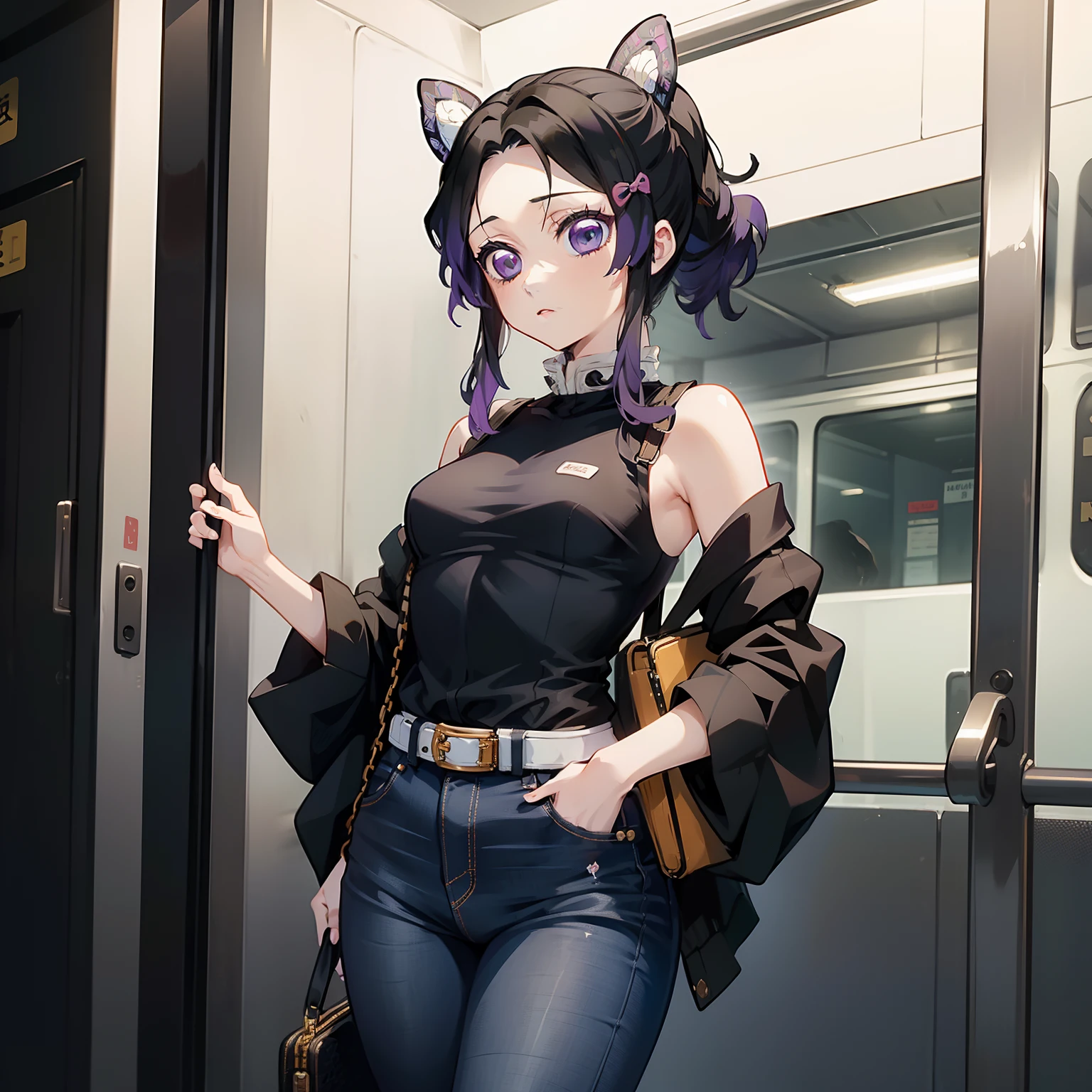 1 Mädchen, Shinobu Kocho ( Kimetsu no Yaiba) , enge Jeans, schwarzes Shirt, kleine Brüste, Tragetasche , in einem Zug, Stehen,