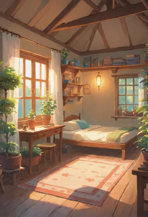 (a bedroom in a cottage,soft lighting,plants on shelf):(best quality,ultra-detailed),oil painting,cozy,relaxing atmosphere,warm color palette,natural light,bokeh,vivid colors,comfortable bed,wooden furniture,reclaimed wood decor,cosy rug,floral print curta...