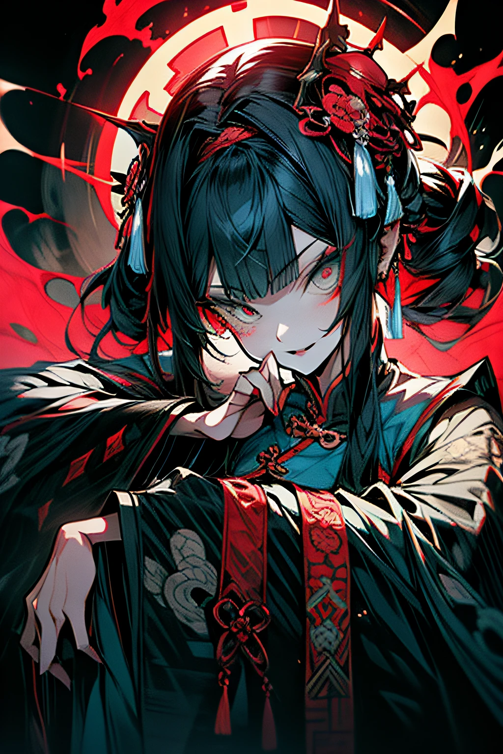 Chinese Gothic Punk、JIANGSHI style,Daughter of the Chinese emperor、Overwhelming intimidation、Emitting majesty from the whole body、Put your hands in your sleeves,(Comic Noir Style),(linear art_Anime),(solid color_highcontrast),(masutepiece, Best Quality, ),(Laura Bad Picture:1.2),(Lora Add Details:1.2),8K, Flat color:1.2,1girl in,JIANGSHI QUEEN SITTING ON A CRIMSON THRONE WEARING A HEAVY CLOAK,JIANGSHI,BEAUTY JIANGSHI、Very long hair、Chinese Opera style makeup,Luxurious costume with beautiful embroidery_Dragon and phoenix embroidery:1.2,(lora:add more detail:1.2)