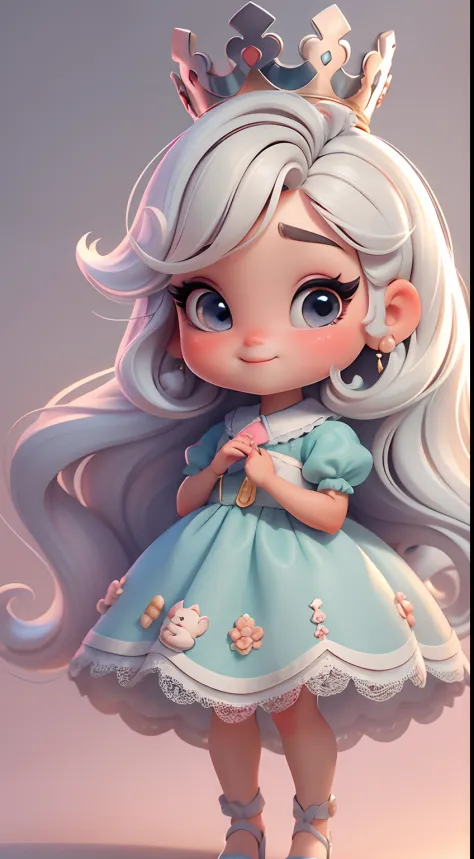 Create a series of cute baby style chibi dolls with a cute reign theme, each with lots of detail and in an 8K resolution. All dolls should follow the same solid background pattern and be complete in the image, mostrando o (corpo inteiro, incluindo as perna...