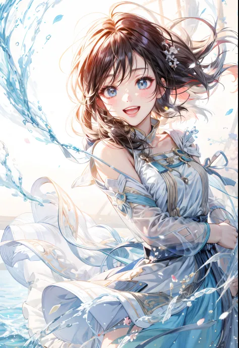 anime girl in a flowing dress with flowing hair, guweiz on pixiv artstation, open eyes, smiling,she expressing joy, expressing j...