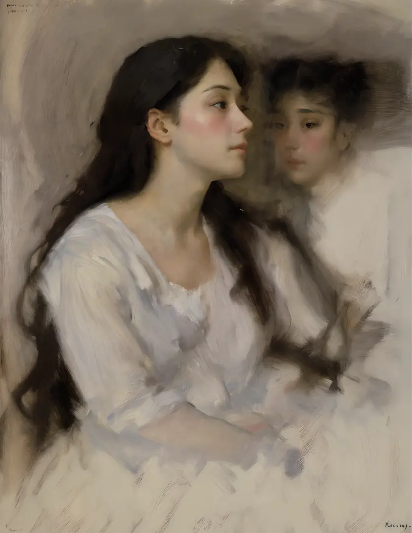 sargent, mucha, king, ctoil, mary cassatt, 1girl, black hair, long hair, realistic, profile, lips, closed mouth, shirt, brushstr...