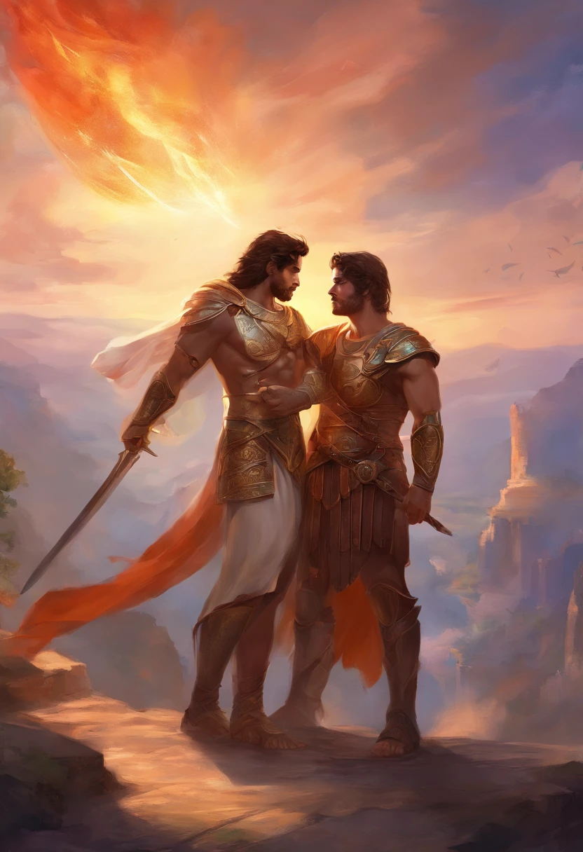 Two men standing on a mountain with swords and a sunset behind them -  SeaArt AI