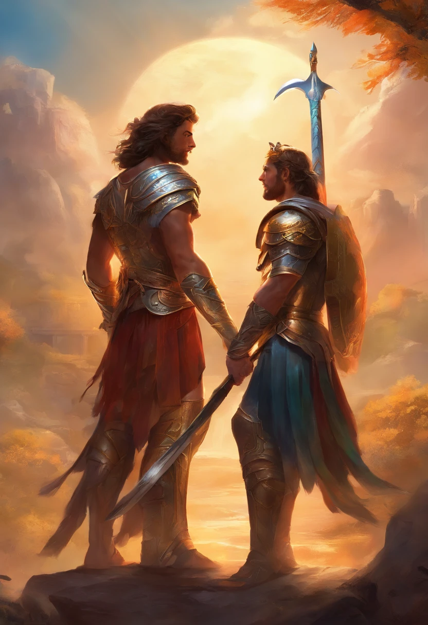 Two men in armor stand on a hill with a sword - SeaArt AI