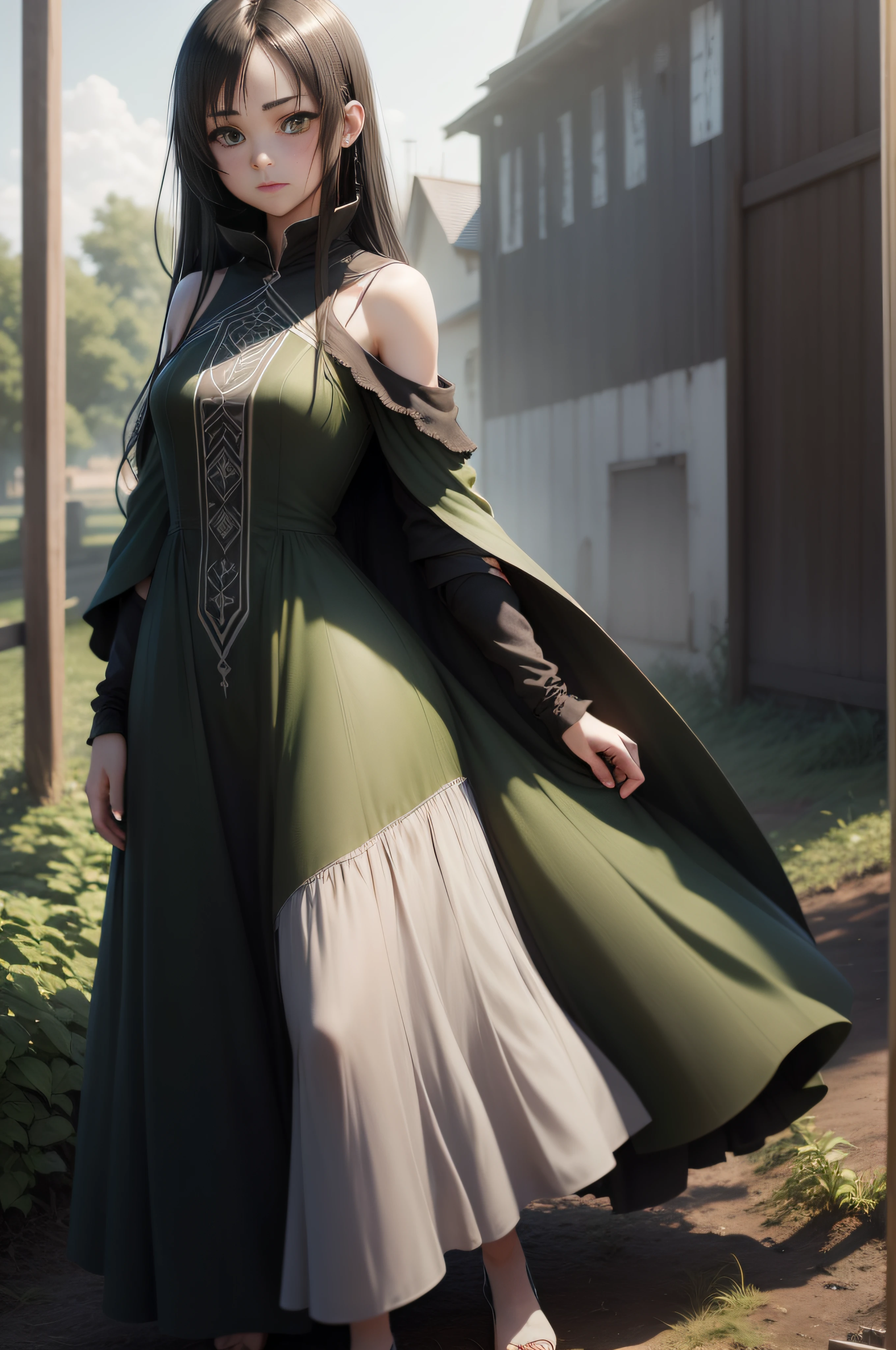 girl, very thin, delicate, sad, green eyes, Torn Dress, Long Dress, Gray Dress, Old Dress, Tattered Dress, Dressed in Tatters, Poor, Miserable, Beautiful, Green Eyes, black hair, black hair, long hair, skin pale, , (RAW Photo)(8k UHD)(DSLR)(soft lighting)(high quality)(filmic grain) (Fujifilm XT3)(master piece, full body, Highest quality, photorealistic, highly detailed, rendering Octane, Unreal Engine, HD 8K, Soft Cinematic Light, Hyper Detailed, Hyper Realistic Skin Texture, Best Quality, Ultra High Resolution, Soft Tones, Look At Viewer, Realistic 3D Anime)( girl)(Very small breast )(human)(((Black hair)))(((Black hair)))(((Green eyes))))(Soft gaze)(Soft smile )(((Gray dress)))(((Green dress) Old)))(((Long Dress)))(long hair)(very thin)(((Farm)))