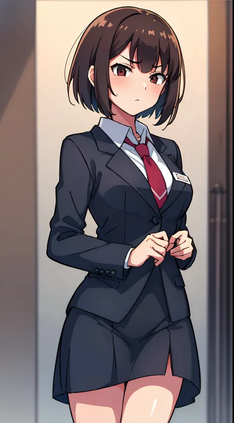 hiquality, tmasterpiece (One adult girl) Tall stature. solid. office worker, Bob hairstyle. short, straight hair, brown-hair,  brown eye. Stern face. The clothes: Women's office suit with white shirt.