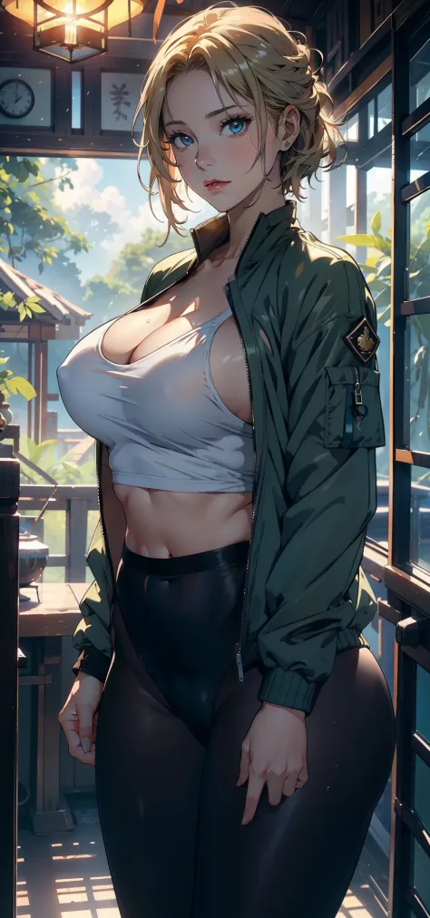 1female，35yo，plumw，extremely large bosom， 独奏，（Background with：the rainforest，the fruits，lotus flower，aerodrome，Planes，tanks，Army，） She has short blonde hair，Standing in the cabin，，seen from the front， hair straight， mostly cloudy sky，（（（tmasterpiece），（Very...