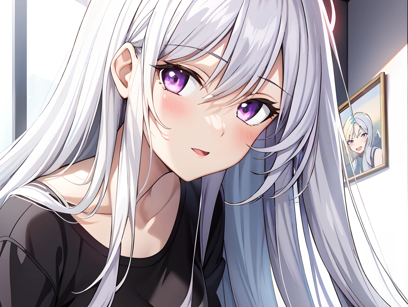 Anime girl with long white hair and purple eyes looking at camera - SeaArt  AI