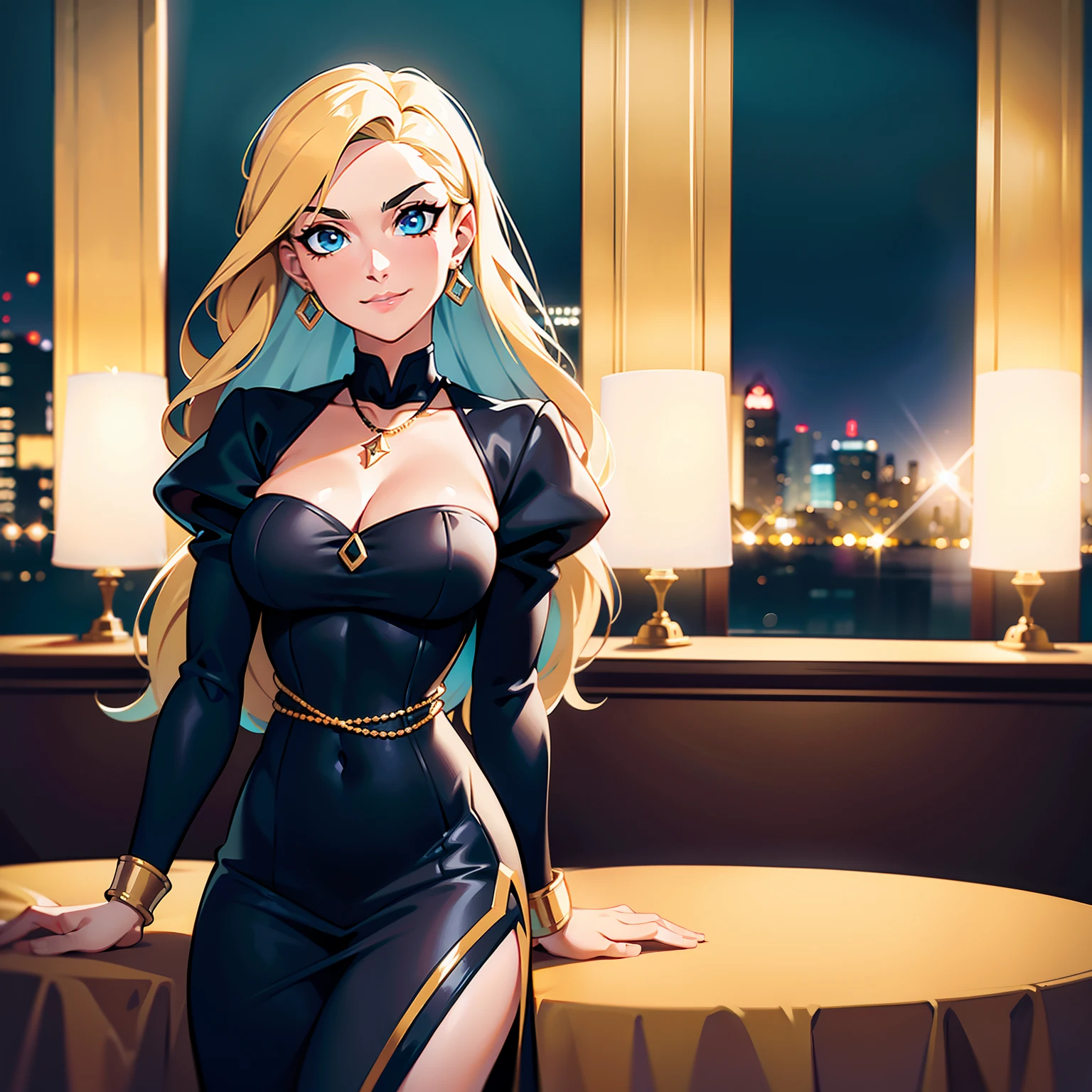 1 Caucasian woman 30 years (face with French, British, German features), long blonde hair, turquoise blue eyes, proportional body, sparkling black dress golden earrings gold necklace, looking unpretentiously at the viewer, best quality, ultra-realistic photo HD 8k detailed, sitting at the table of the Ritz in New York at night, best smile, cinematic light, natural lighting, ultra high resolution,  best shadow, close-up 1:2