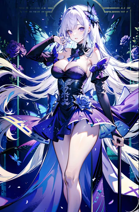 silber hair，butterflys，long whitr hair，8k wallpaper，detailedbackground，Highest high resolution，deep v big breasts，Hair over eyes，Bandeau，Inside a medieval castle，Purple roses，tight-fitting，themoon，stocklings，((2 beauties，twincest))