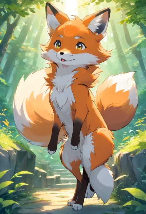 In the realms of a vibrant and whimsical anime world, behold the enchanting sight of a fox, reminiscent of the adorable characters that grace animated landscapes. With wide, expressive eyes, gleaming with a mischievous glint, the fox gazes directly at the ...