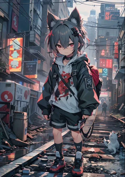 1boy,12 only、Cyberpunk Boy、katanas,machine gun、cat ear、silber hair、poneyTail、Whole body bloody、The beginning of the adventure、Into the cloud、Chaotic city of the future、ruined and devastated city、Very complex Japan buildings、railroad crossing、Warm lighting、...