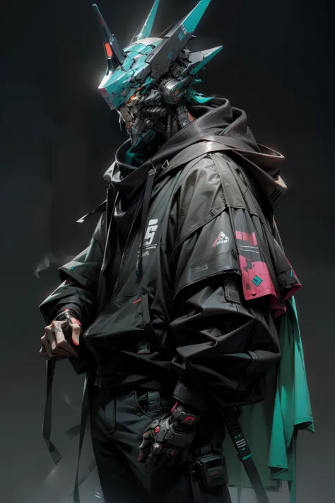 There is a boy wearing a ghost mask and a black hoodie，With a knife in his hand, Hyper-realistic cyberpunk style，Digital cyberpunk anime style，cyan colors