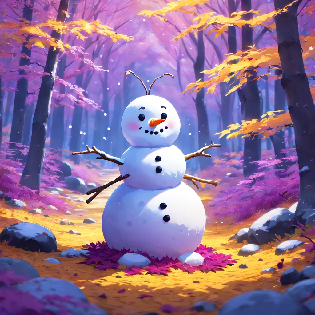 Realistic snowman in 3D photo. Detailed purple and yellow leaves.  alien landscape, Mushrooms that glow blue. Hidden Chinese Dragon，A mysterious technology deep in the forest