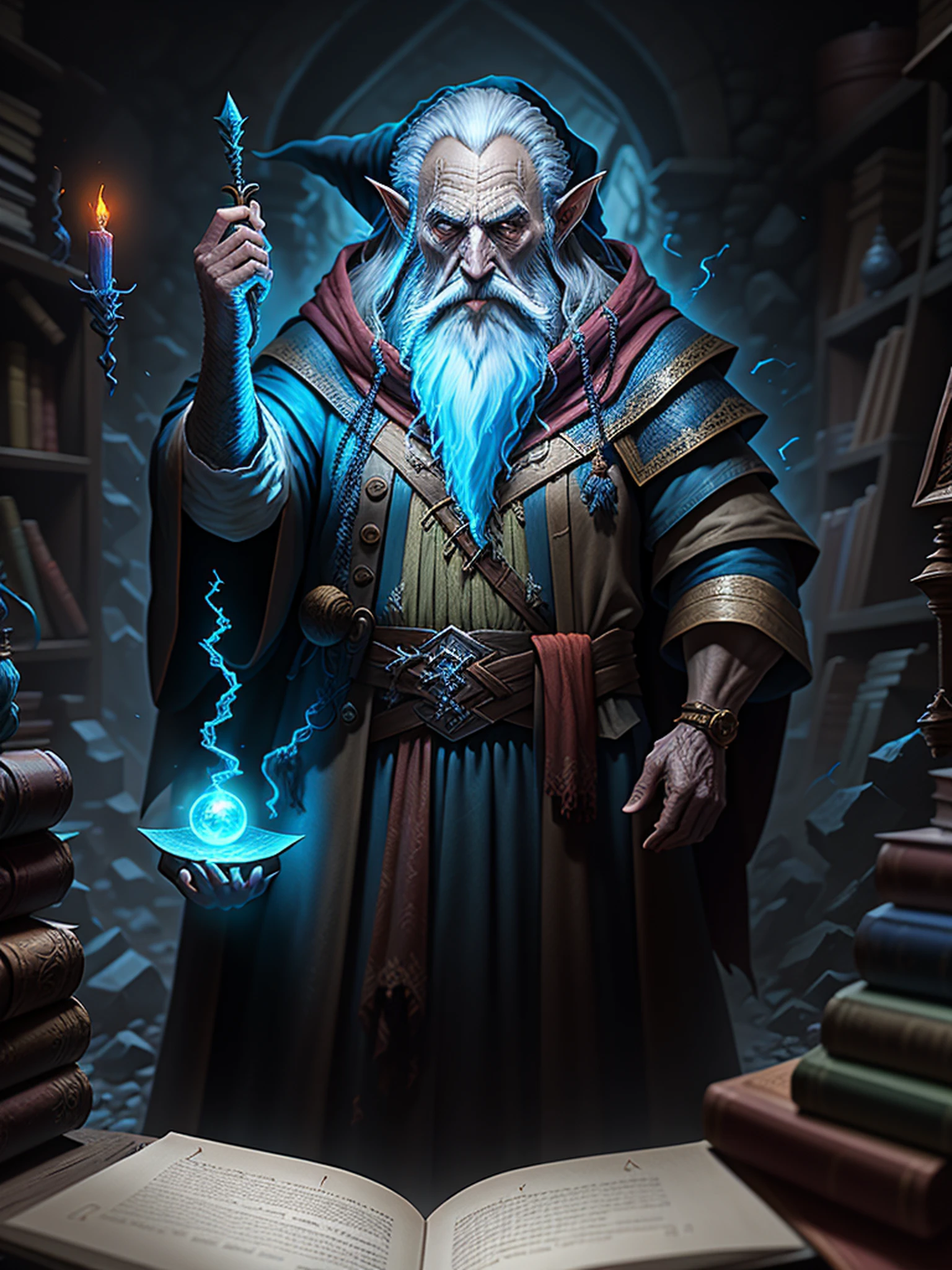 an old wizard doing spells, emphasis on its action, texturas ultra detalhadas, layers of textures faithful to reality, profesional lighting, detalhamento realista