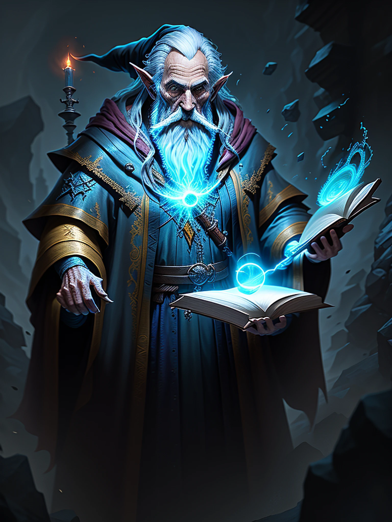 an old wizard doing spells, emphasis on its action, texturas ultra detalhadas, layers of textures faithful to reality, profesional lighting, detalhamento realista