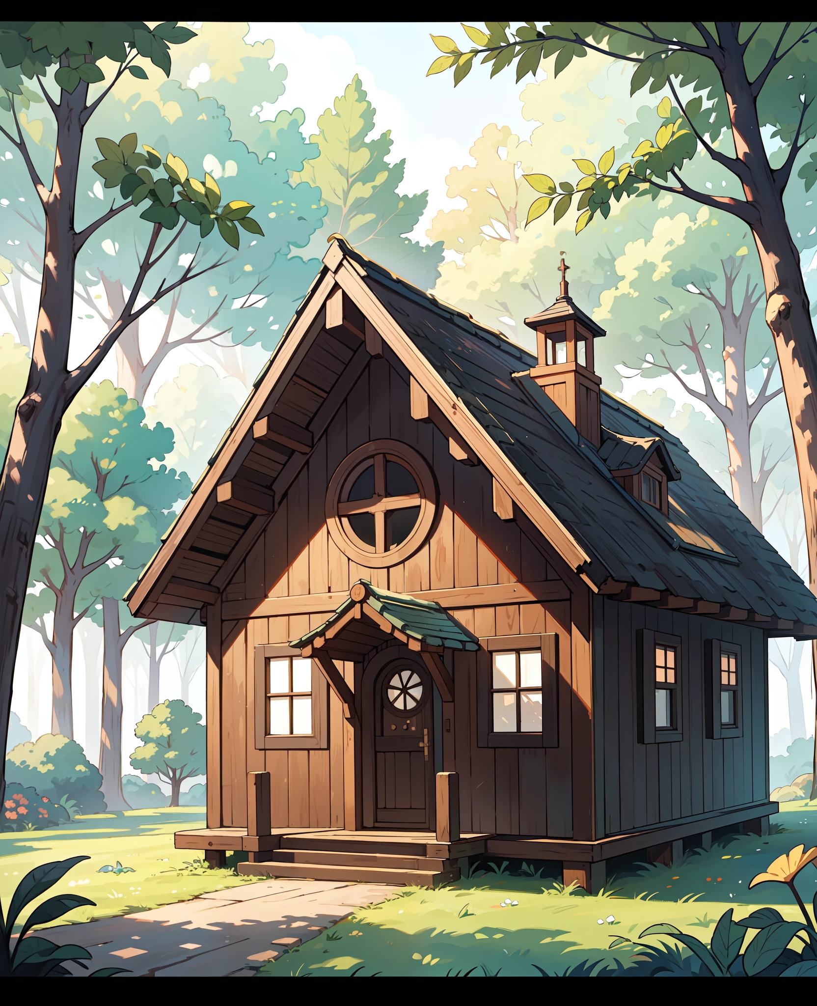 (long shot:1.2), Ultra_details, ,cute comic, only one small retro wooden house with a attic, deep in a beautiful forest, middle medieval period, day, shrine, outdoors, low saturation, no_humans, no_animals