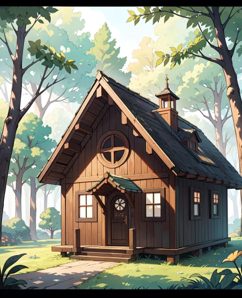 (long shot:1.2), Ultra_details, ,cute comic, only one small retro wooden house with a attic, deep in a beautiful forest, middle ...