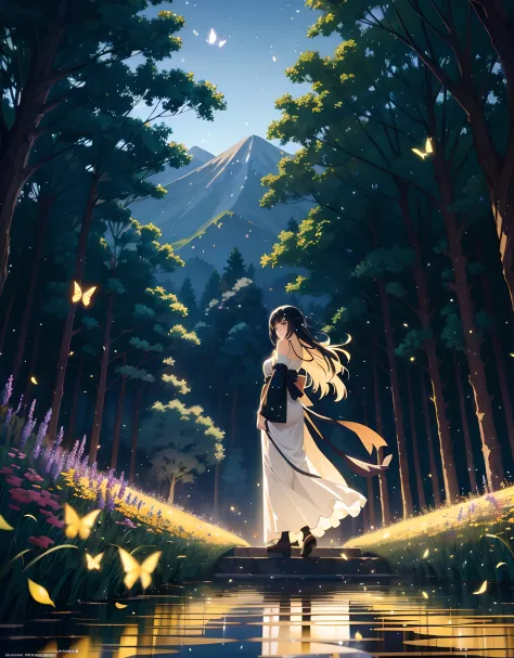 Landscape, Anime landscape field of glow flowers and lots of glow butterfly flying around in the standing back japanese girl with unique long dress, butterfy, lots of glow butterflies, fireflies, very many lots of fireflies, makoto shinkai, kimi no nawa me...
