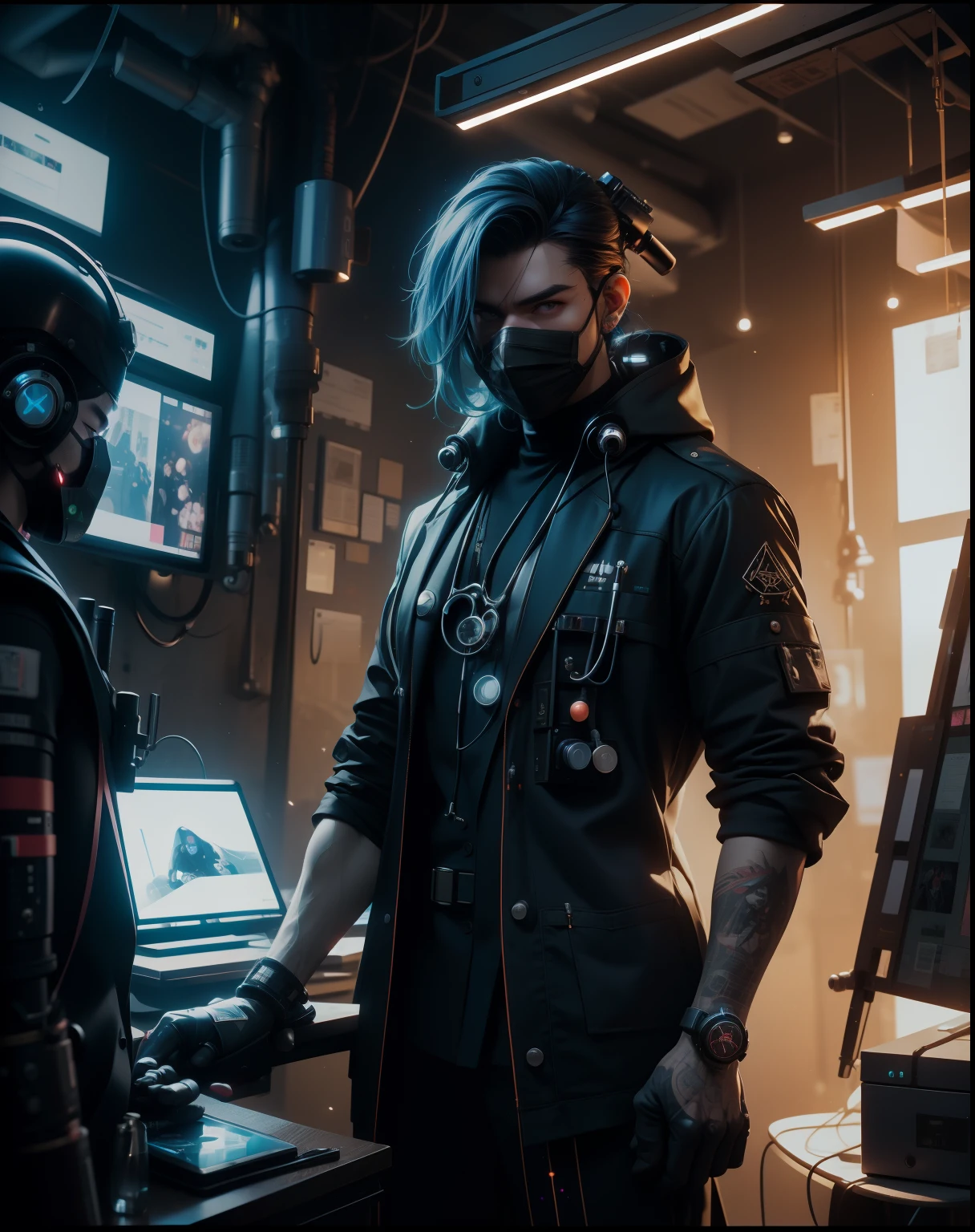 Hyperrealistic, Unreal engine, 3d, (Medium Shot), (Cyberpunk Doctor), Cyberpunk Meta-Gnome Doctor wearing HighTech Surgical mask in Treatment Room, (Cyberpunk Stethoscope), (Doctor Accessories), (Holding) a Scifi (First Aid Kit), in the Holographics Hyperspace Metaverse 50mm, Ray Tracing, UHD