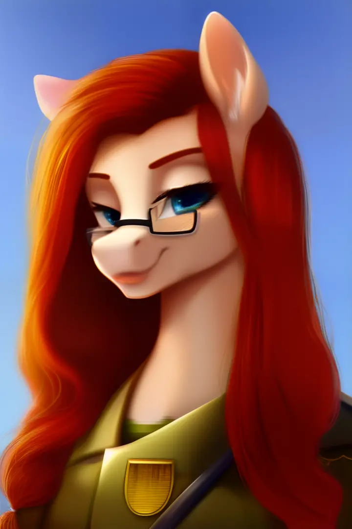 Painted portrait of a pony's face, she wears glasses and a military uniform, has long red hair and a calm expression on her face.