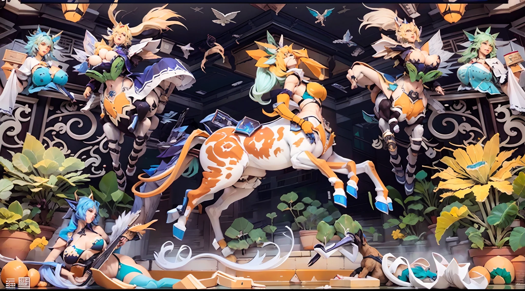 In the beautiful illustration of this super-grand scene，Display ultra-long-range lenses（Over eight unique centaur characters：9.9），They all have their own characteristics，Vivid and interesting。A radiant angel centaur from the celestial realm，To hellish centaurs surrounded by nightmarish flames，Then go to the Wind Fairy centaur dancing in the air，There are also unicorn centaurs surrounded by lightning，and mechanical centaurs shining with metallic light，Then there are the mighty dragon centaurs，Colorful dragon scales cover the whole body，The elegant and agile elf centaur always wears a flower crown，The lines are slender and beautiful，Charming and charming Tiflin centaurs。Each character has their own unique charms and abilities。Illustration uses advanced artistic techniques and tools，（Divide the scene into sections by geometric arrangement：9.9），Each section corresponds to a centaur character，This allows for more efficient use of space。Pass the advanced brush tool halfway、Color Palette、Material packages and model packages，For every centaur, Beautiful props are designed to increase racial characteristics、Clothing and physical characteristics，Enhance the character's personality and visual appeal。The scenery in the illustration is stunning，The sky is changing、rainbowing、extreme light、Stars and Moon。Incorporate iconic landmarks like Mount Everest，and fireworks、Tranquil lake、Natural and urban elements of waves and neon lights，creating a magical atmosphere。Centaurs showcase their unique abilities and equipment in a variety of environments，This is true even in extreme alien landscapes。（Use tools halfway、Material pack、Texture tools、The color palette makes the depiction details vivid and realistic：9.9），From complex hairstyles and different ethnic characteristics、Body、Appearance characteristics、Clothing to real textures，This greatly enhances the realism of the characters and surroundings。The fusion of multiple artistic styles adds movement from all angles to the movement of centau