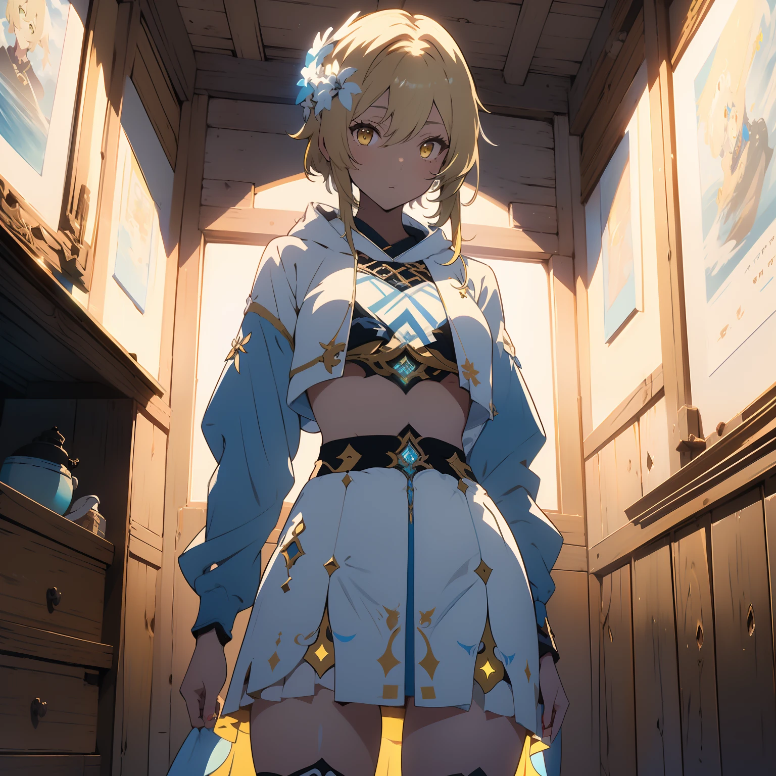 (masterpiece, best quality), beautiful girl, Lumine from "Genshin Impact", 
luminedef,  standing in her room, (detailed beautiful eyes) medium body shot, (crop-top white and blue hoodie, underboob) blonde, short hair, yellow eyes, ultra detailed yellow eyes, full-body shot,