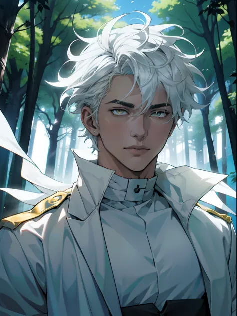 Anime character with white hair and yellow eyes standing in front of a green tree, Hajime Yatate, Dios de pelo blanco, Nagito Ko...