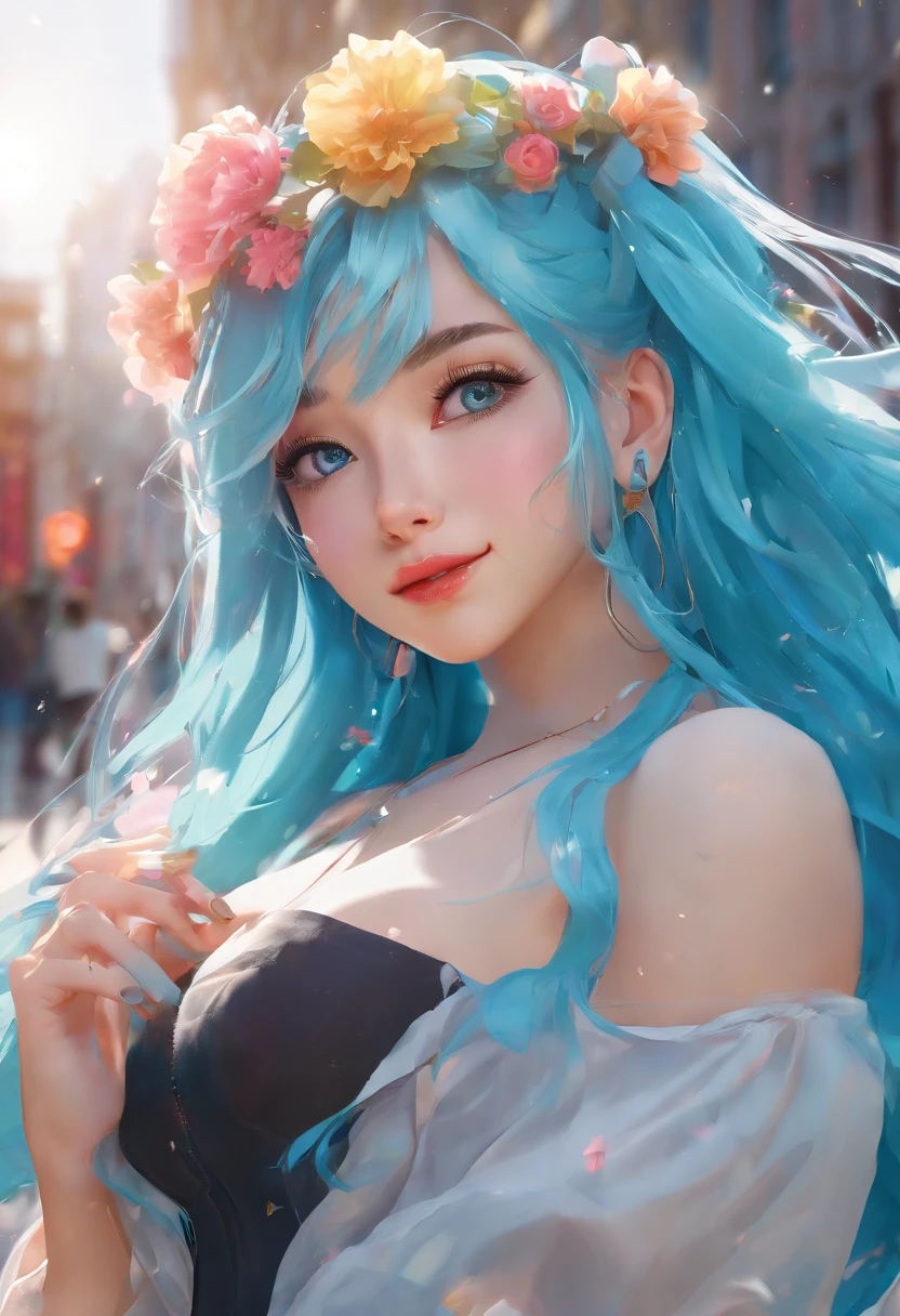 an woman with modern style, (((aqua blue hair color))),(colorful),(finely detailed beautiful eyes and detailed face, aqua blue long hair), flowers on head,cinematic lighting,extremely detailed CG unity 8k wallpaper,((flying petal)),(Flowery meadow), night, moonlight, shadows, light, modern city,(masterpiece, best quality), cyberpunk, (((detailed black raincoat)), pink details,((blue untied flowing hair and a nice street background)), cool style, high detailed background , curvy body, gorgeous, elegant, simple gold necklace, dynamic pose, realistic, detailed facial expression, beautiful mesmerizing face, happy, open smile, (bright blue eyes:1.14), real life skin, 8k, intricate detail, professional lighting, full body shot, dynamic angle shot, looking at camera, stunning Unreal Engine, soft diffused lighting, cute, wind, petals on wind,1 girl, sexy, sensual, a 20 yo woman,(natural skin texture, soft light, sharp), big 