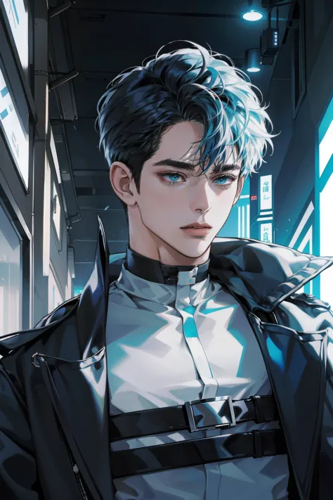 Chico anime con cabello azul vibrante, Con auriculares elegantes y un atuendo cyberpunk de moda. Completa el look con una gargan...