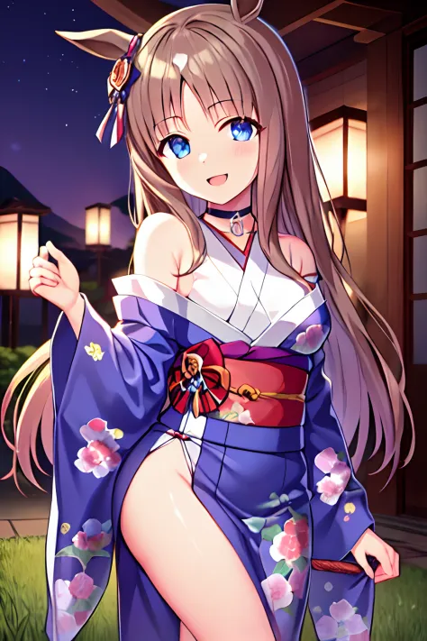 night, Japanese style room,
daring smile, usual look, open mouth, 
extremely thin waist with constriction, medium breast, very slender girl, beautiful bodyline, 
cyber choker, wearing choker, 
Grass Wonder (umamusume), little girl, short stature, early tee...