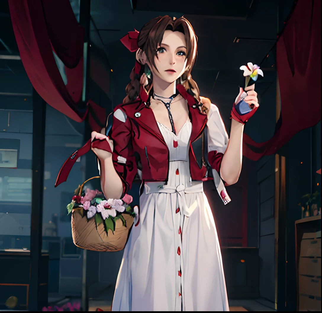 Alafe con un vestido blanco y una cesta de flores, aerith Gainsborough, beautiful aerith Gainsborough, retrato glamoroso de aerith, Square Enix, personaje de fantasía final, de fantasía final, de fantasía final vii, sakimichan frank franzzeta, de ff7, tifa, Mai Shiranui, amy rosa vestido rojo